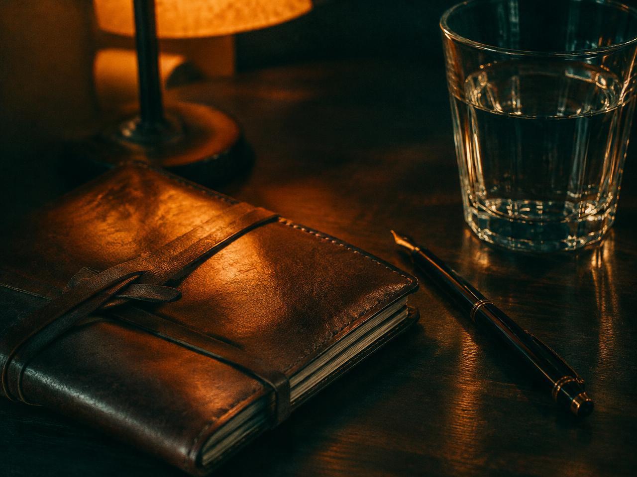 Leather notebook and pen in warm lamplight